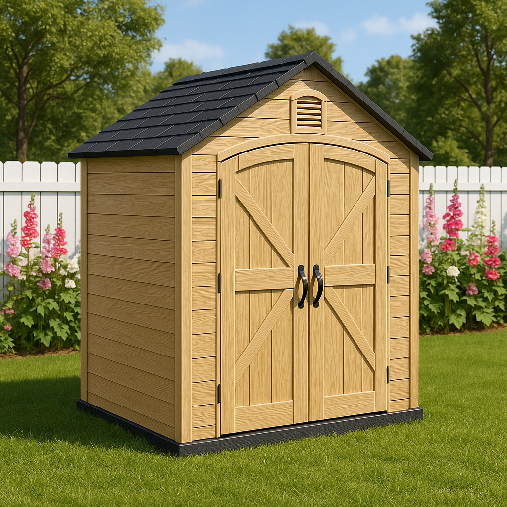 Gartenhaus aus Holz, Geräteschuppen, aus Kunstholz, für den Außenbereich, in Holzoptik, 140 × 120 × 200 cm