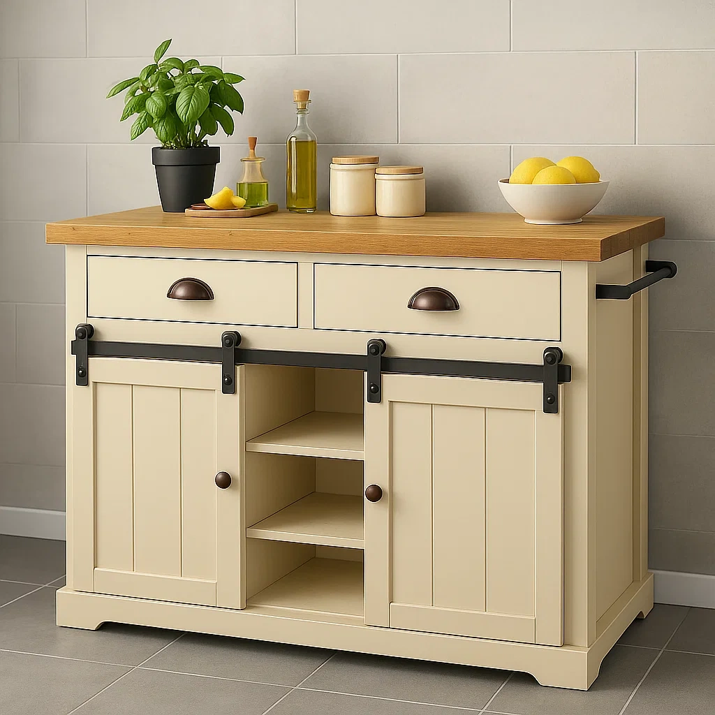 Rechteckige Kücheninsel aus MDF, cremefarben, mit Holzarbeitsplatte, 2 Schubladen, Schiebetüren und mittigen Regalböden, Maße: 110 cm lang, 45 cm breit, 90 cm hoch, für die heimische Küche - pdHLcFwdvYzS