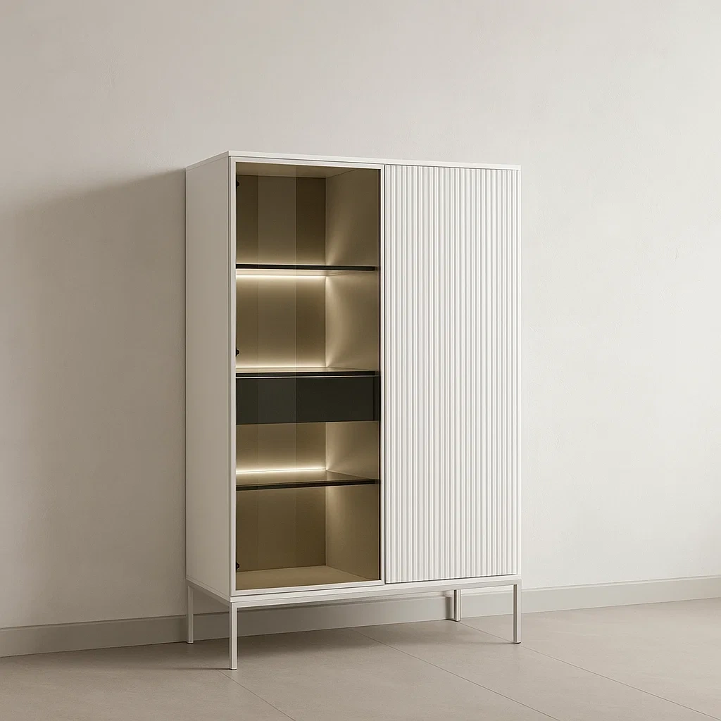 Beige Vitrine mit Schublade und Fächern aus MDF, Melamin und Sicherheitsglas für den Innenbereich, 103,5 × 39 × 165,5 cm - mVy1pmKXzwvt