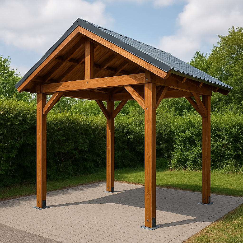 Carport mit brauner Holz- und Stahlkonstruktion für den Garten, 360 x 300 x 338 cm