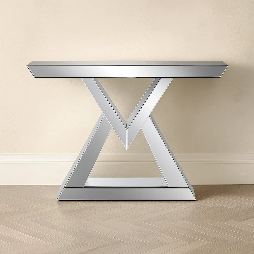 Dekorativer Konsolentisch aus MDF und Glas mit silberner Spiegelfläche für Wohnzimmer oder Eingangsbereich, 120 × 36 × 80 cm - 0ryh0YDJljnW