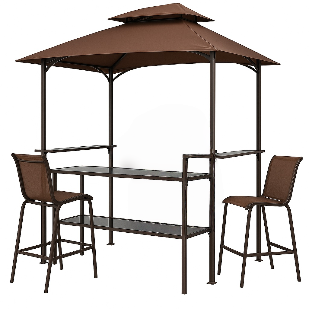 3-teiliger Grillpavillon, braunes Metall/Polyester, für Terrasse und Garten, 194 x 121 x 242 cm