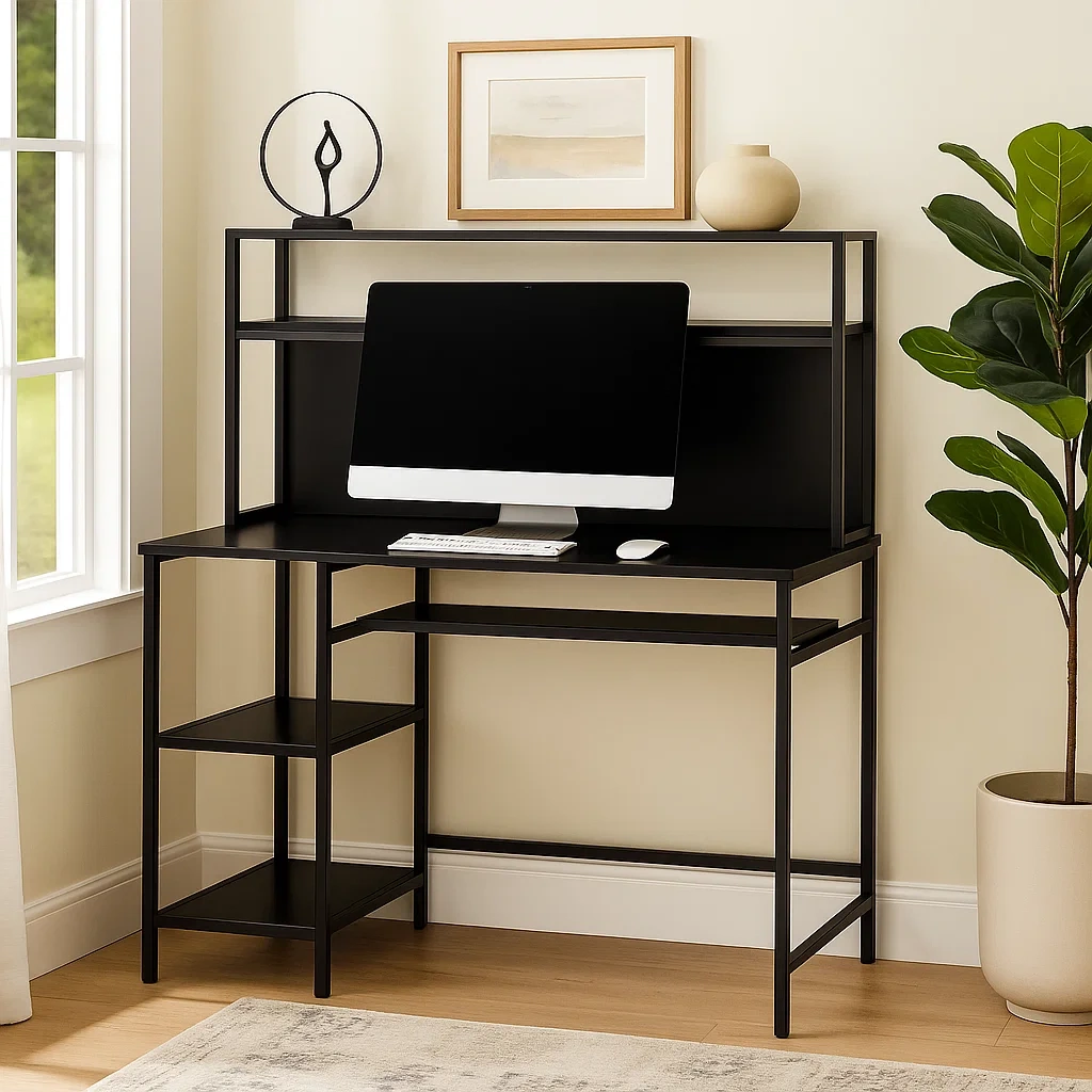 Schwarzer Computertisch mit Regalen und 3 Seitenablagen, 120 x 55 x 120 cm - nDpCTrw310yf