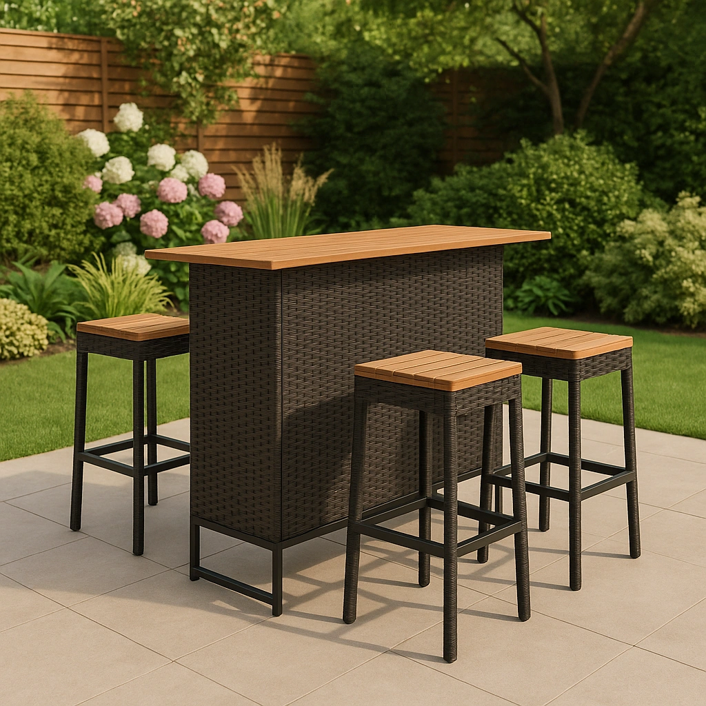 Gartenbar-Set mit Tisch und 4 Hockern aus Korbgeflecht und Holz