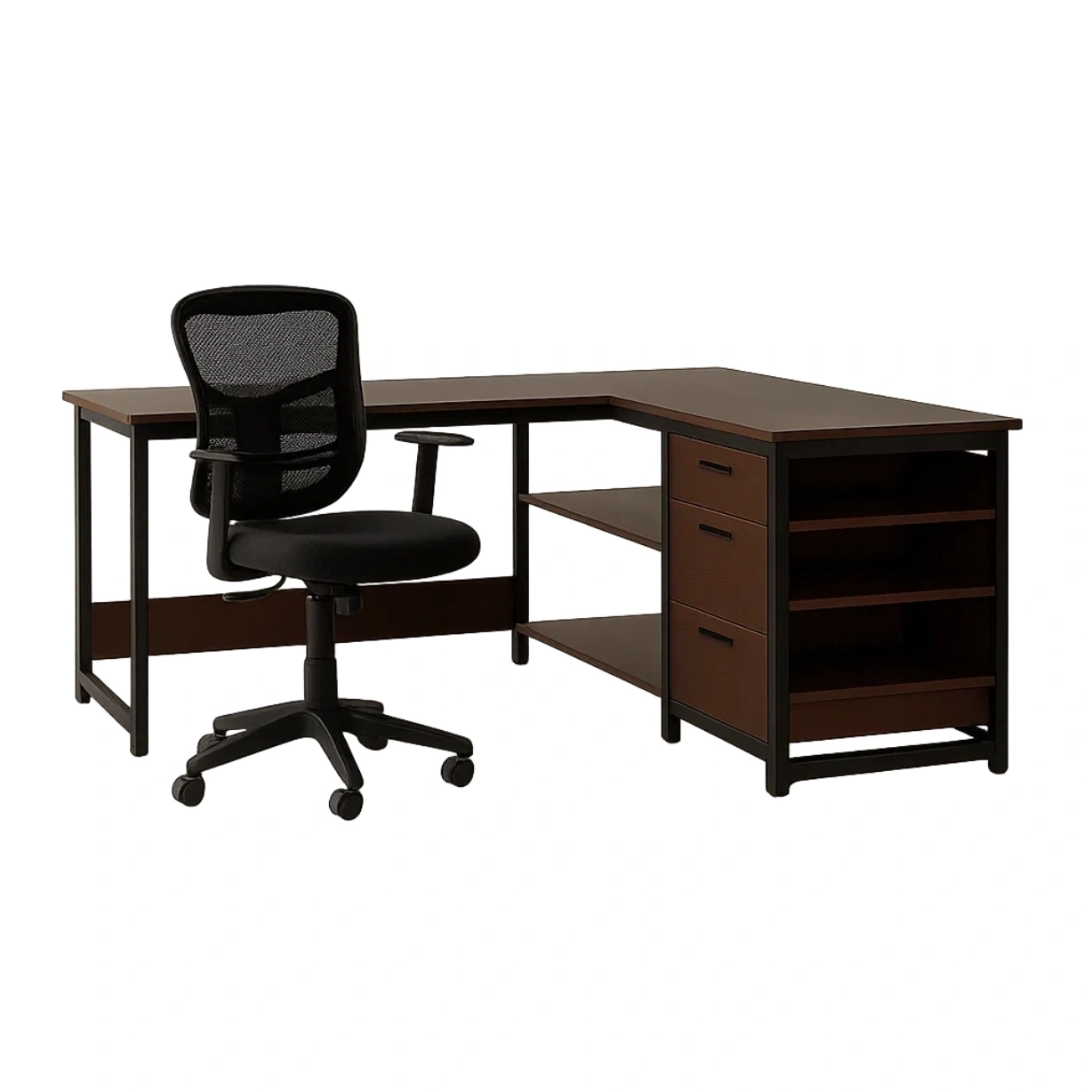 Computertisch, Holz und Metall, schwarz und braun, mit Regalen und Schubladen, 120 x 60 x 75 cm, Büro - xD22UzW0yFKi