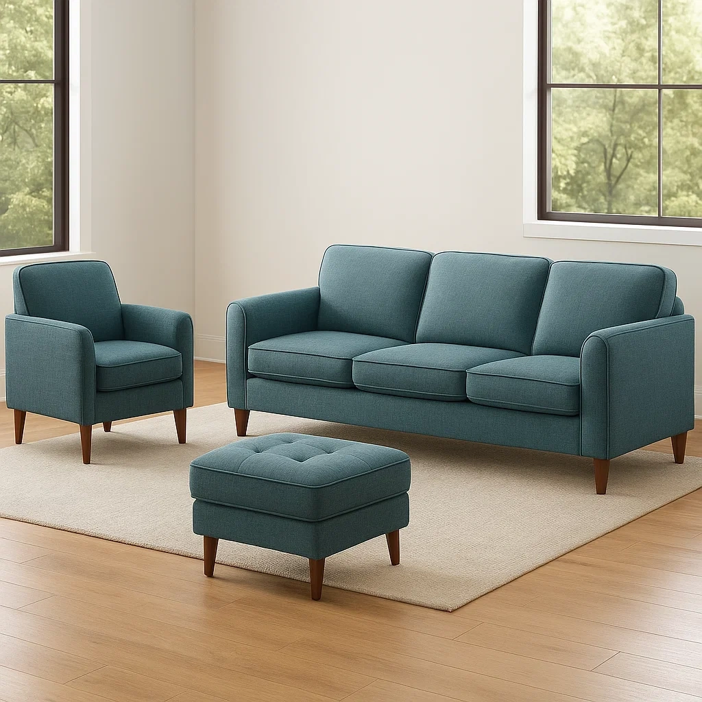 Sofagarnitur, 4-Sitzer, Stoffbezug, Farbe: Türkis, Holzgestell, modernes Design, einfache Montage, Sofa 190 x 85 x 75 cm, Sessel 75 x 85 x 75 cm, Hocker 60 x 60 x 40 cm, für Wohnzimmer - 4rdzaTLLpKSC