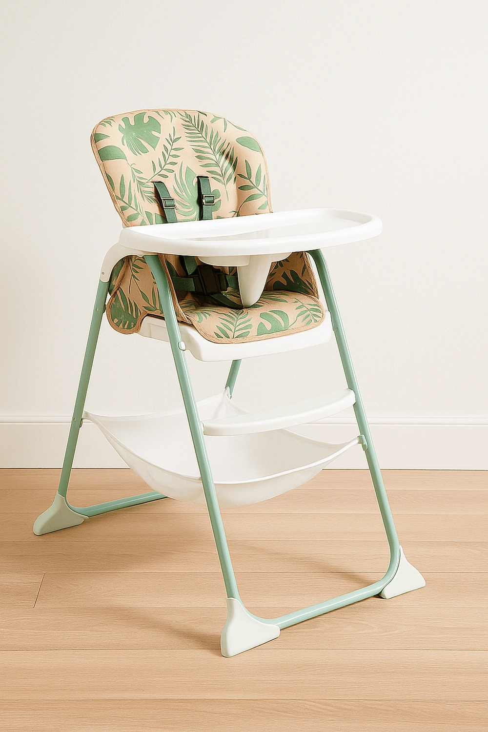 Hochstuhl, Essstuhl mit wasserdichtem Kissen und abnehmbarem Tablett, bis 15 kg, 5-Punkt-Sicherheitsgurt, beige mit grünen Akzenten, geeignet für Kinder von 6 bis 36 Monaten
