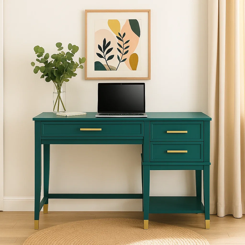 Computertisch mit 3 Schubladen und offenem Fach, grünes Gestell und goldene Details, 120 x 60 x 75 cm - meMSdku307qi