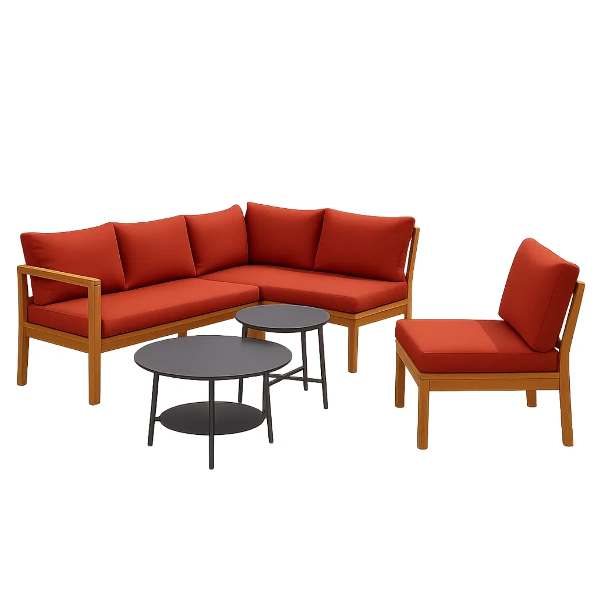 4-teiliges Gartenmöbelset mit Naturholzrahmen, roten Kissen, rundem Tisch (60 x 45 cm), Sofa (150 x 80 x 70 cm), Sessel (60 x 60 x 70 cm) und Beistelltisch (30 x 40 cm) - czXEssnJaDls