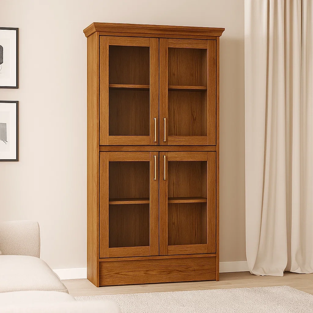 Vitrine mit 4 Glastüren, Spanplatte, braun, freistehend, für Wohnzimmer oder Büro, Maße: 100 x 45 x 190 cm – Wert41Ef4blH