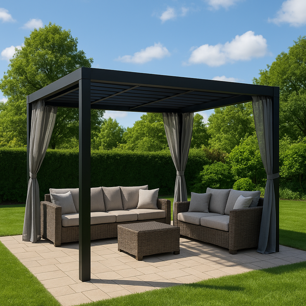 Freistehende Pergola aus grauem Aluminium für den Außenbereich, 360 x 298,5 x 221,5 cm
