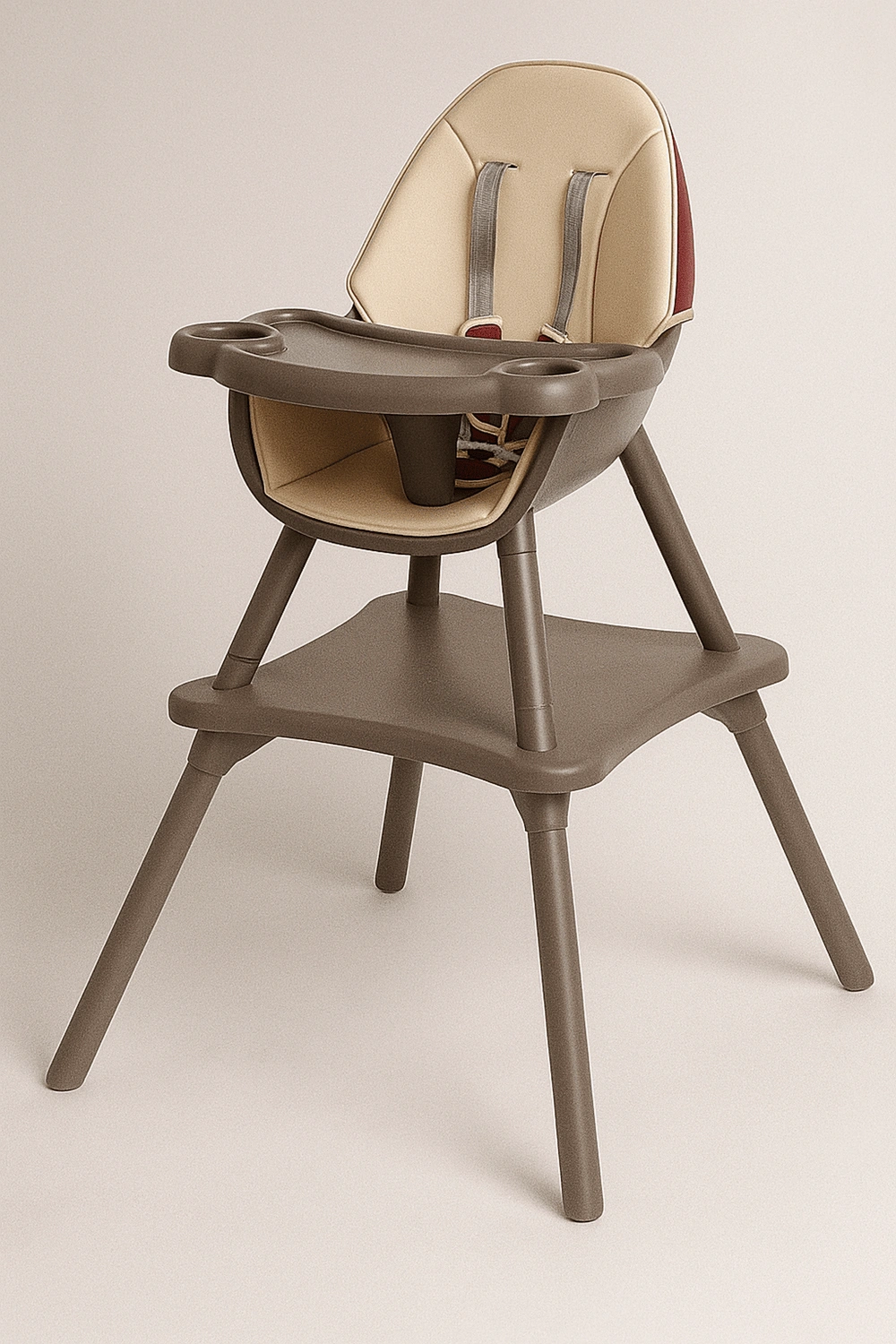 Hochstuhl mit 3-fach verstellbarer Rückenlehne, aus Holz, bis 15 kg, 5-Punkt-Sicherheitsgurt, beige-grau, geeignet für Kinder von 6 bis 36 Monaten