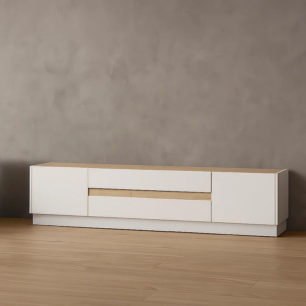 TV-Schrank mit Schubladen, weiß und hell naturfarbenes Melamin, für das Wohnzimmer, 204,7 × 39,8 × 43,2 cm - kWAaSRMYeD7x