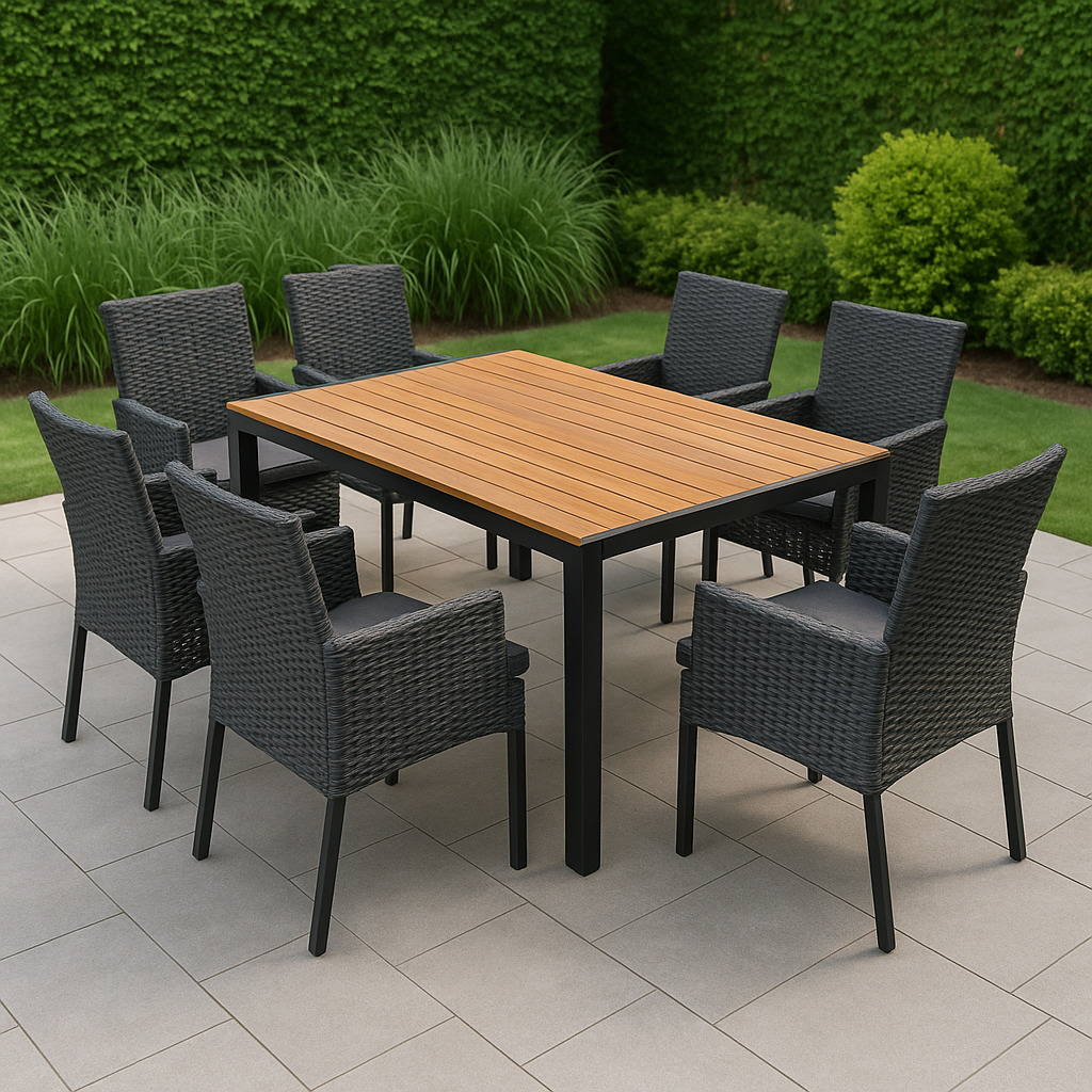 Gartenmöbelset mit 7 Stühlen aus grauem Kunstholz und Metall.