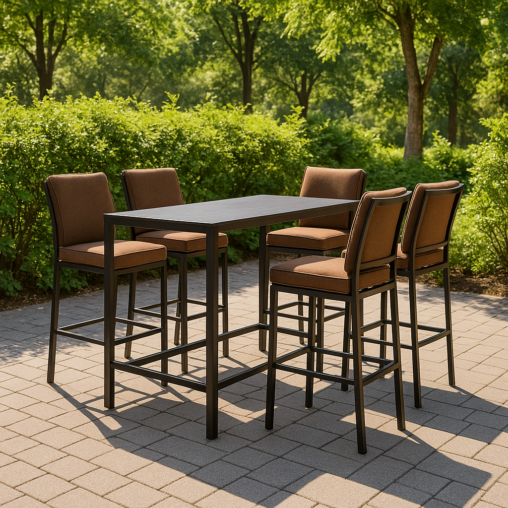 Gartenbar-Stehtisch mit Stühlen, braun und schwarz, Metall und Stoff, für den Außenbereich, 160 × 80 × 105 cm