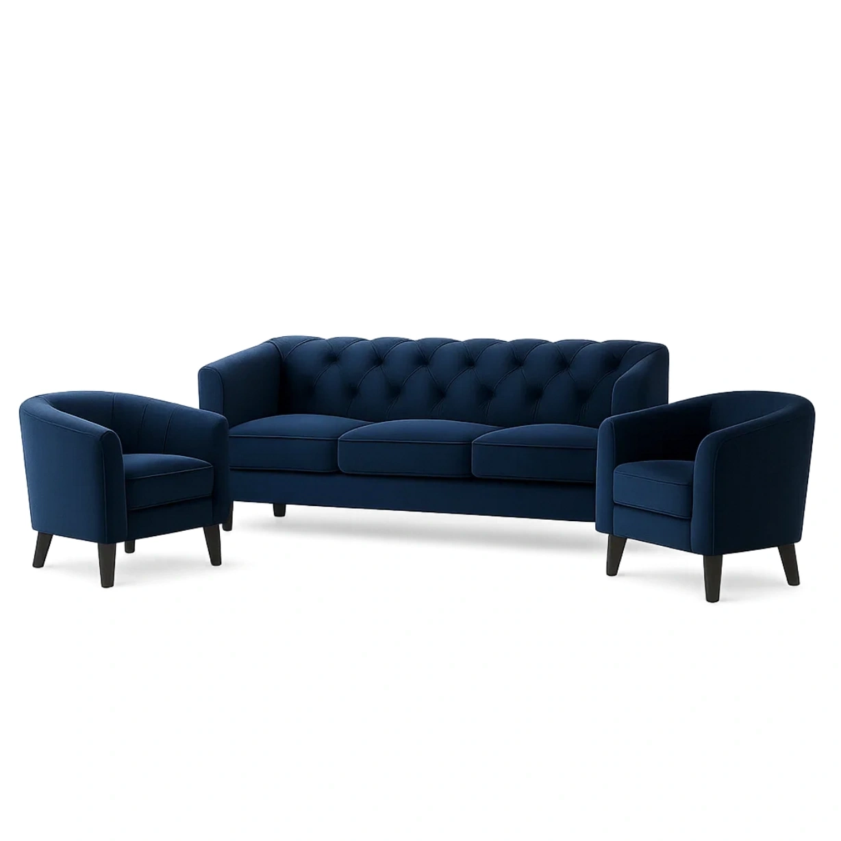 Sofagarnitur, 1 Dreisitzer-Sofa, 2 Sessel, Samt, marineblau, Holzgestell, Sofagröße 190 x 80 x 75 cm, Sesselgröße 75 x 80 x 75 cm, für Wohn- und Esszimmer - 1fyUttDmJF4c