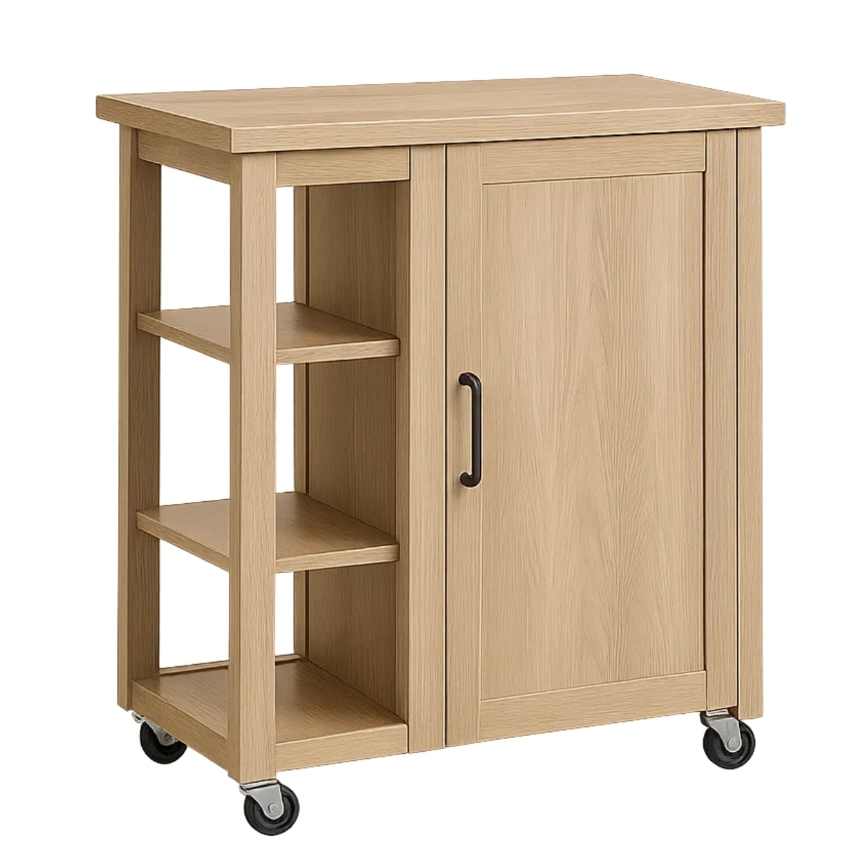 Kücheninsel, Küchenwagen mit Rollen, Naturholz, Türen und Regale, 80 x 40 x 85 cm. - kUK3ihRBc4As