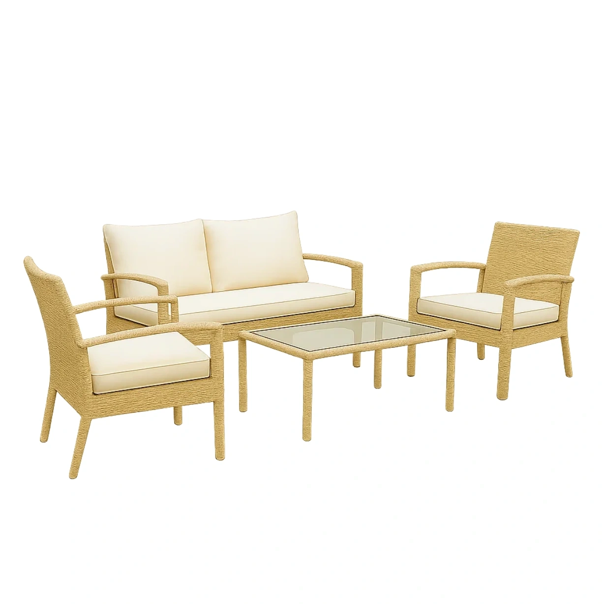 4-sitzige Gartenmöbel-Garnitur, beiges Holz, Sofa 140x70x75 cm, Stühle 70x70x75 cm, Tisch 80x40x40 cm, beige Kissen, für den Außenbereich (Terrasse oder Balkon) - KdLKtWKv3Kp3