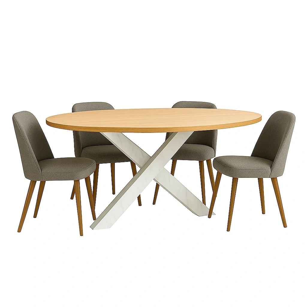 Essgruppe, 4-teilig, Holz und Stoff, beige, oval, mit X-förmigem Gestell, Tischmaße 120 x 80 x 75 cm, Stuhlmaße 50 x 50 x 85 cm, für Esszimmer oder Küche - YoudyRTO6umF