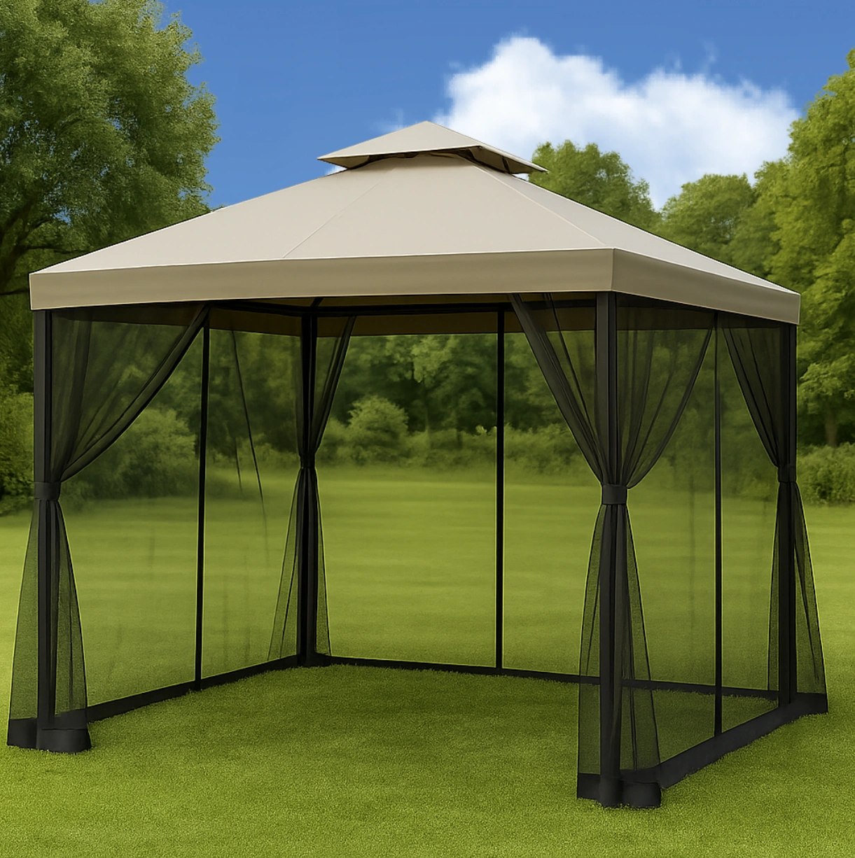 Gartenpergola mit beigefarbenem Dach und Moskitonetz 3x3x2,5 m