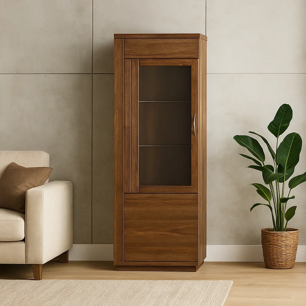 Vitrine mit Glastüren, Eichenholz, braun, einfache Montage, für Wohnzimmer oder Büro, 60 x 35 x 160 cm - S08G9xyJVasR