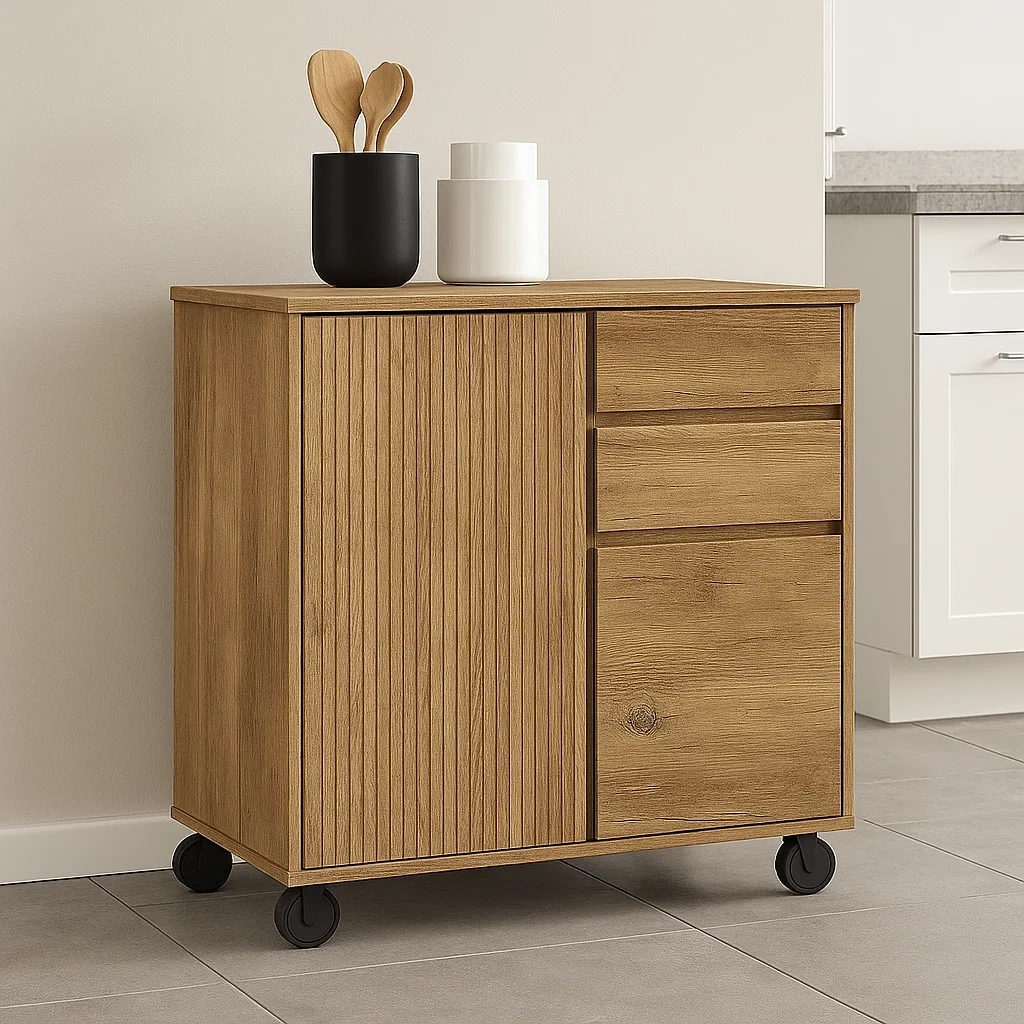 Rechteckige Kücheninsel aus MDF, Eichenoptik, mit Rollen, zwei Schubladen und zwei Türen, 80 x 40 x 75 cm, für den Hausgebrauch. - tzPrsDKzDS3M