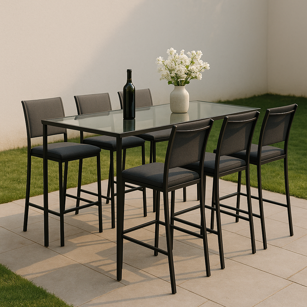 Stehtisch mit Stühlen für die Gartenbar, graues und schwarzes Metall und Glas, für den Außenbereich, 180 × 90 × 105 cm