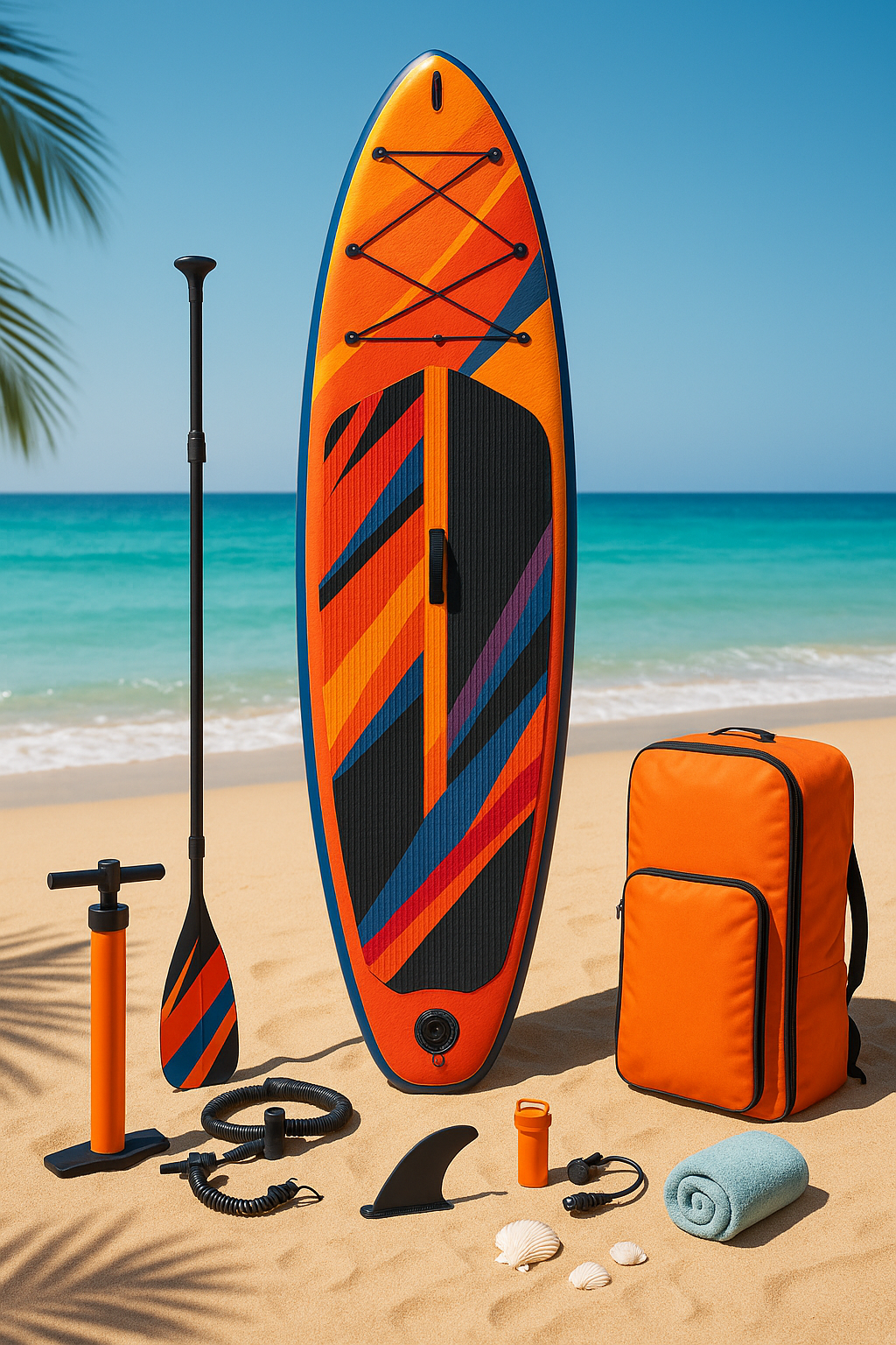 Aufblasbares Paddleboard, orange-mehrfarbiges PVC, geeignet für den Strand, 310 x 80 x 15 cm, MmHAnug532wn