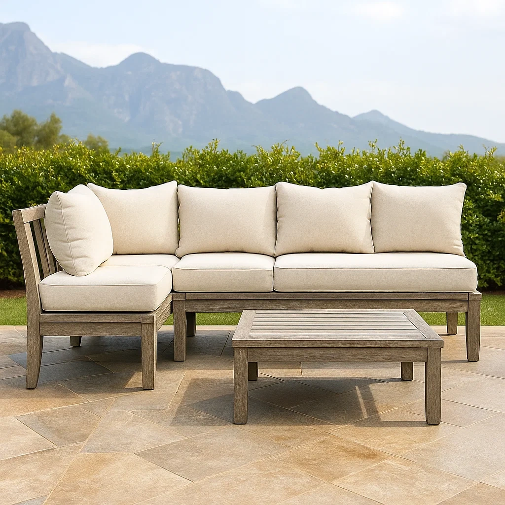Gartenmöbel-Set, 5-Sitzer, graues Holz, modulares Sofa 180x140x80 cm, rechteckiger Tisch 100x60x40 cm mit beigen Kissen, für den Außenbereich (Terrasse oder Balkon) - UjGI5iOW6UJ2
