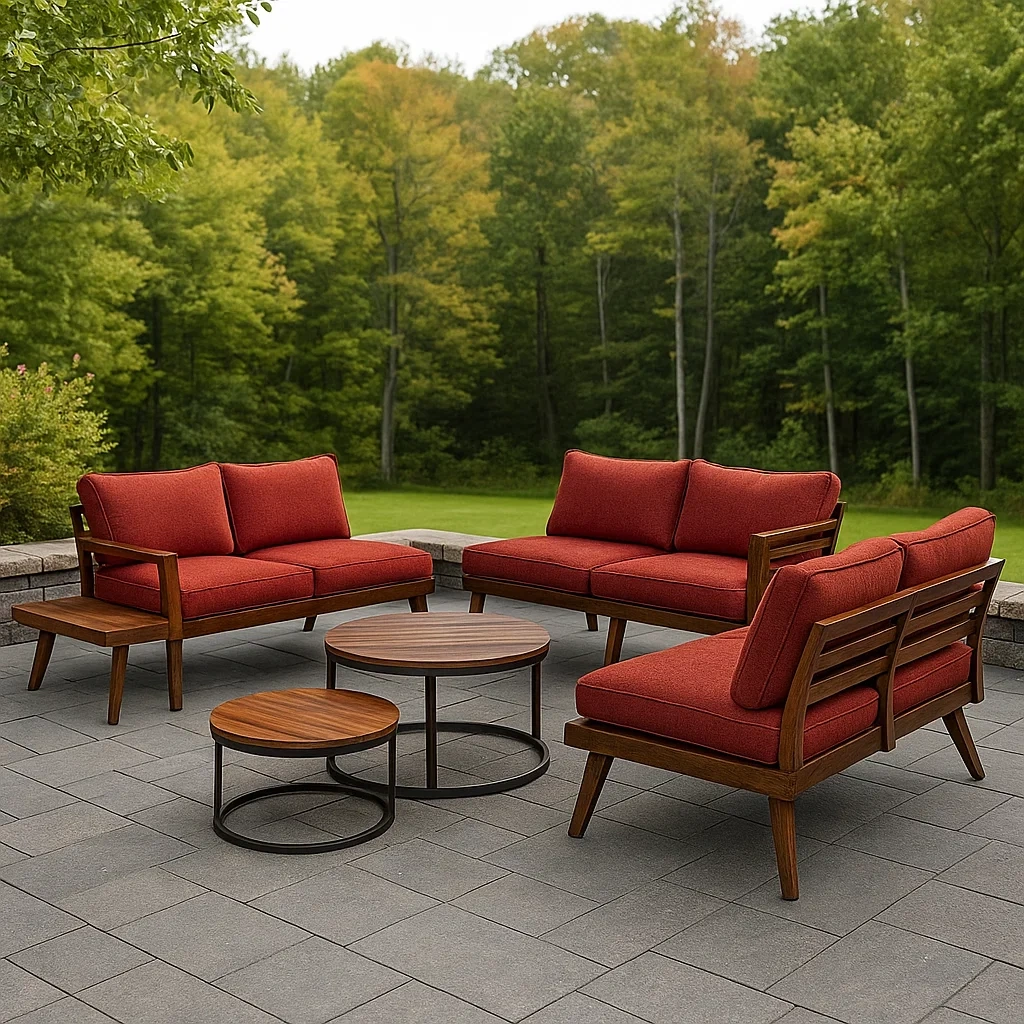 Gartenmöbel-Set, bestehend aus 3 Zweisitzer-Sofas mit roten Kissen und 2 runden Couchtischen, fest installiert. Sofa: 140 x 80 x 70 cm, großer Tisch: 70 x 40 cm Durchmesser, kleiner Tisch: 50 x 35 cm Durchmesser. – JXSX7Reet63C