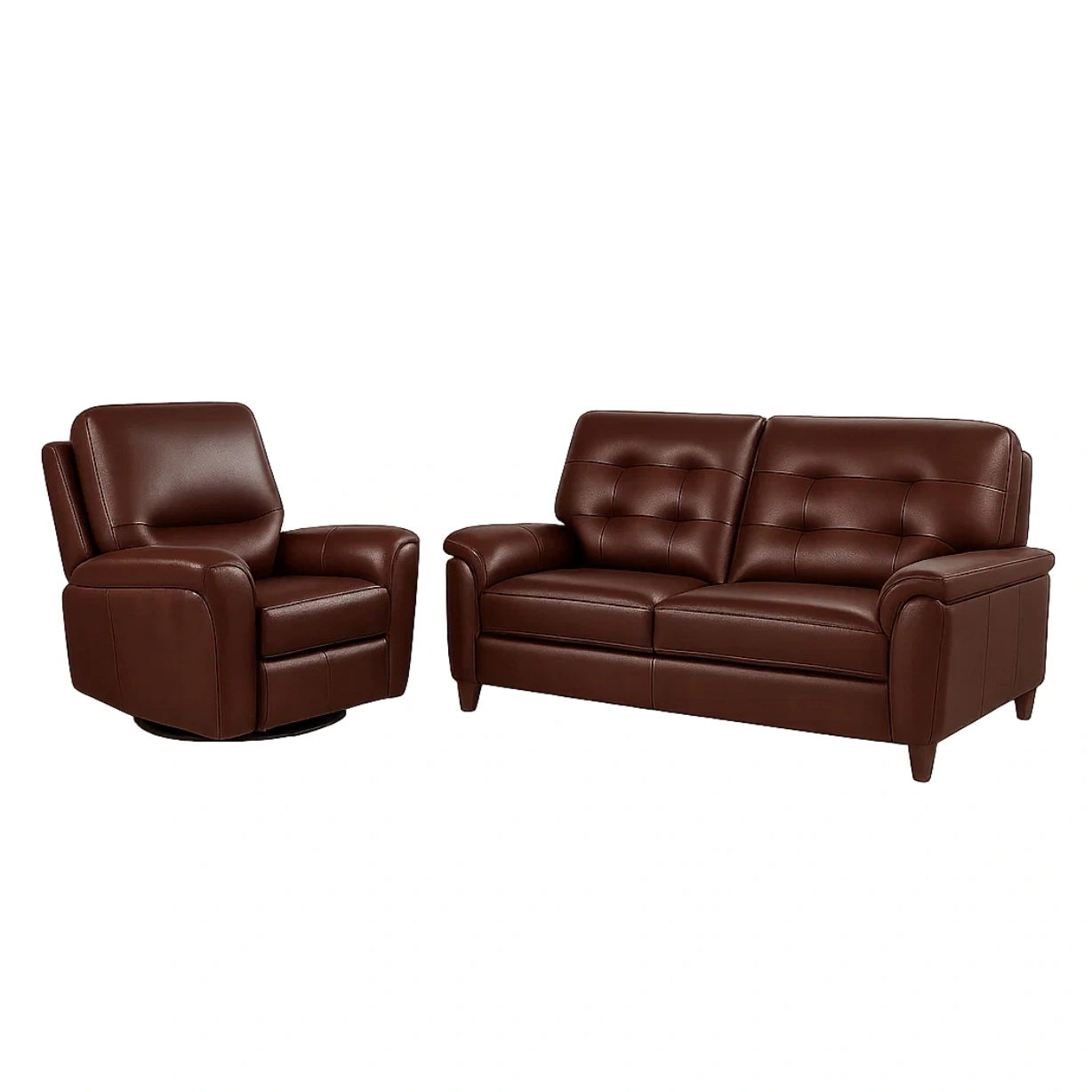 Sofagarnitur bestehend aus Relaxsessel und 2-Sitzer-Sofa, Holzrahmen, Schaumstoffpolsterung, Kunstlederbezug, braune Farbe, für das Wohnzimmer, 2-Sitzer-Sofa 160 x 85 x 90 cm, Sessel 85 x 85 x 90 cm - RPAGNyTHmNGA