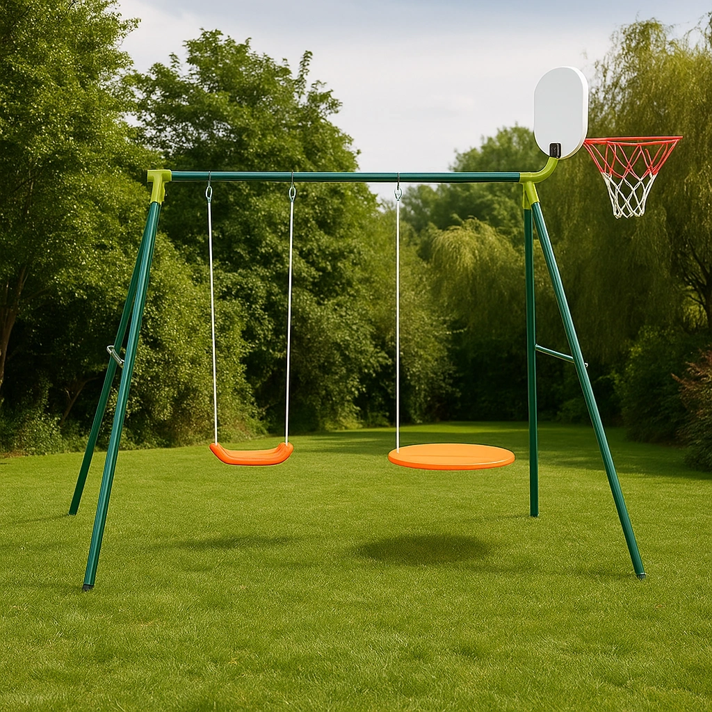 Schaukel mit Basketballkorb und zwei Sitzen, orange/grün, für den Außenbereich, 220 x 160 x 210 cm - KoFpJyp192eU