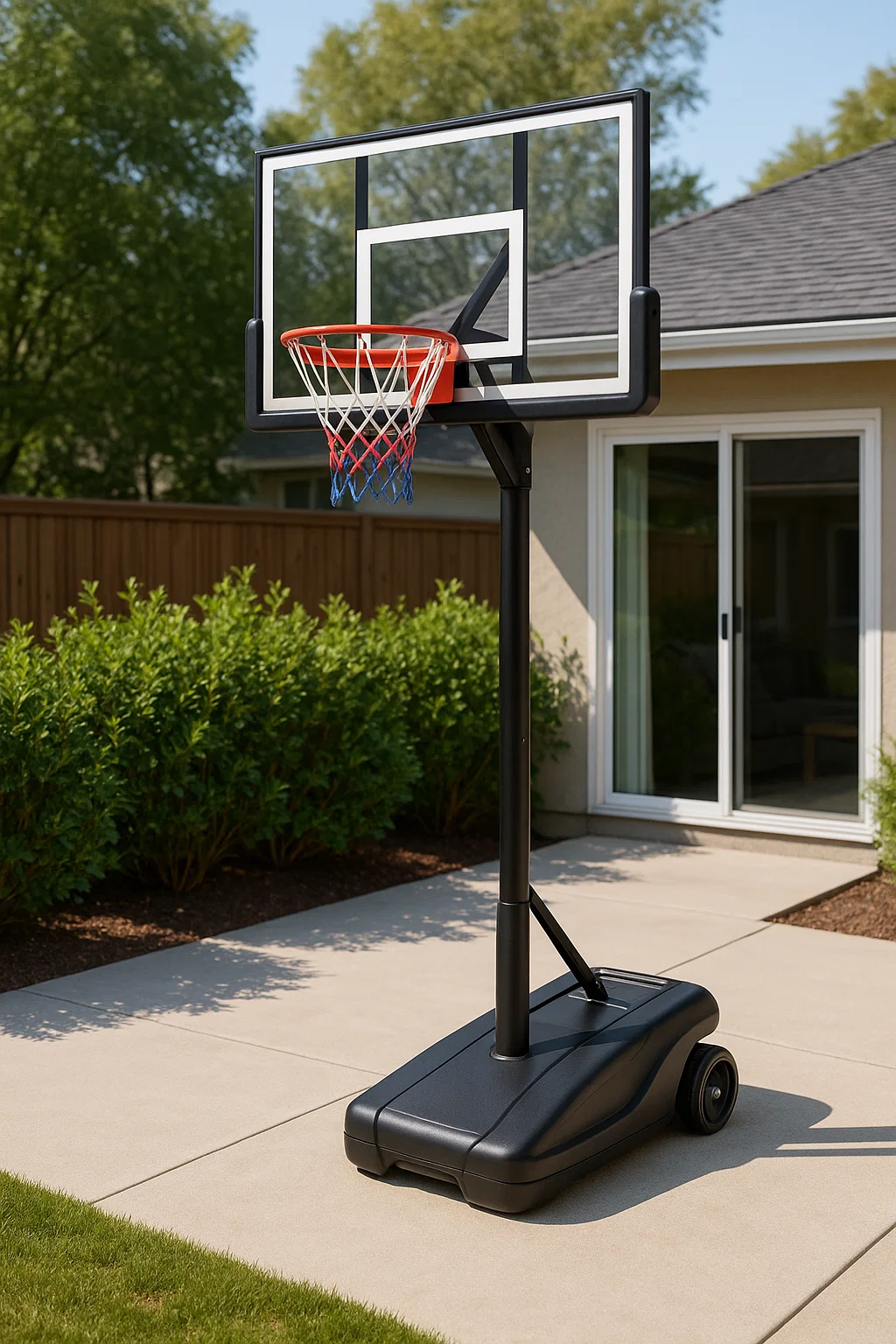 Basketballkorb mit schwarzem Stahl- und Polyethylen-Mobilfuß für den Außenbereich, 110 x 70 x 305 cm, SRzpajRN98Nj