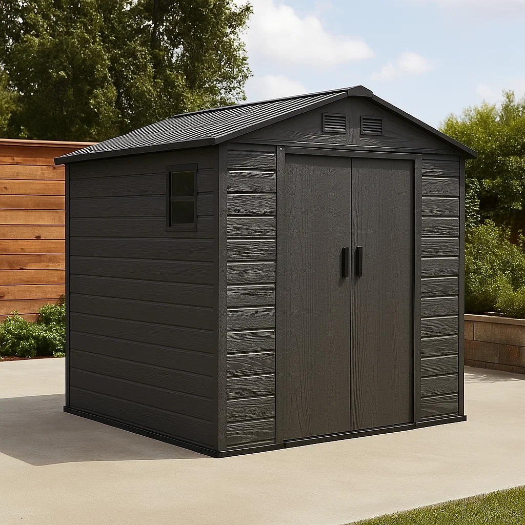 Gartenhaus, rechteckig, Kunstharz, dunkelgrau, mit Satteldach, fest installiert, 185 x 213 x 226 cm, für den Außenbereich - B7j2b4LmzWY8