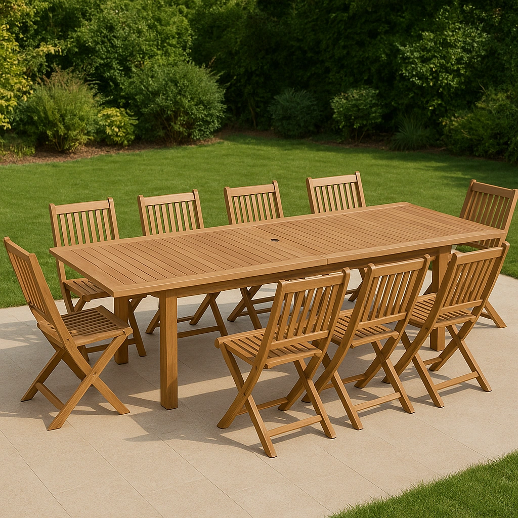 Hellbraune Essgruppe aus Massivholz für den Außenbereich, geeignet für Garten oder Terrasse