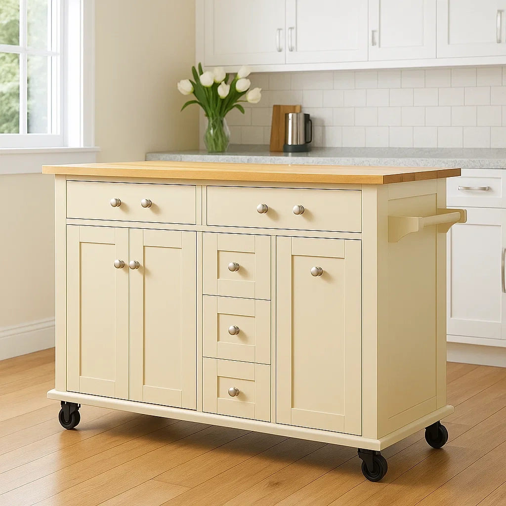 Kücheninsel, Küchenwagen, mit 3 Türen, 5 Schubladen und Ablage, Naturholz und Beige, mit Rollen, 100 x 50 x 85 cm - cE9Flal36nKM