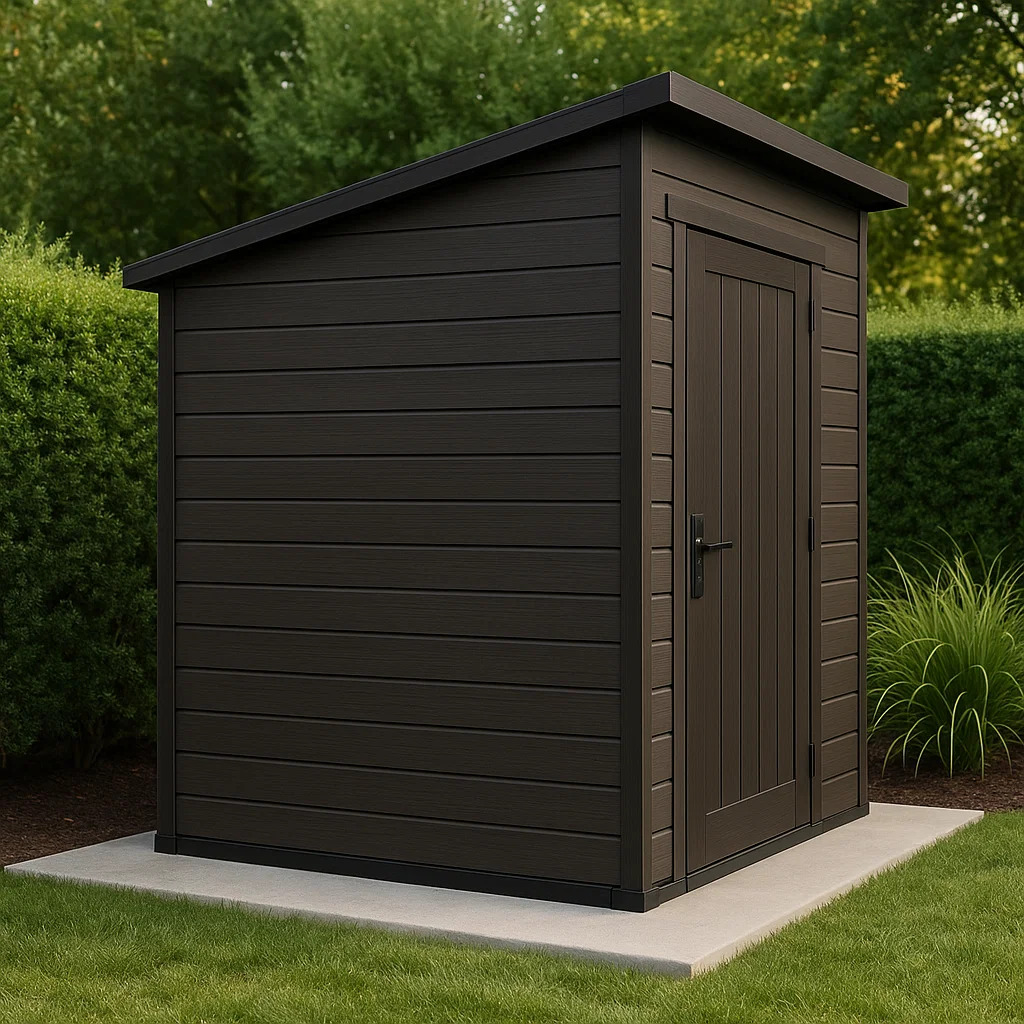 Gartenhaus, dunkelbraunes Gartenhaus aus Kunstharz, 130 x 160 x 195 cm AUBeinP197Tp