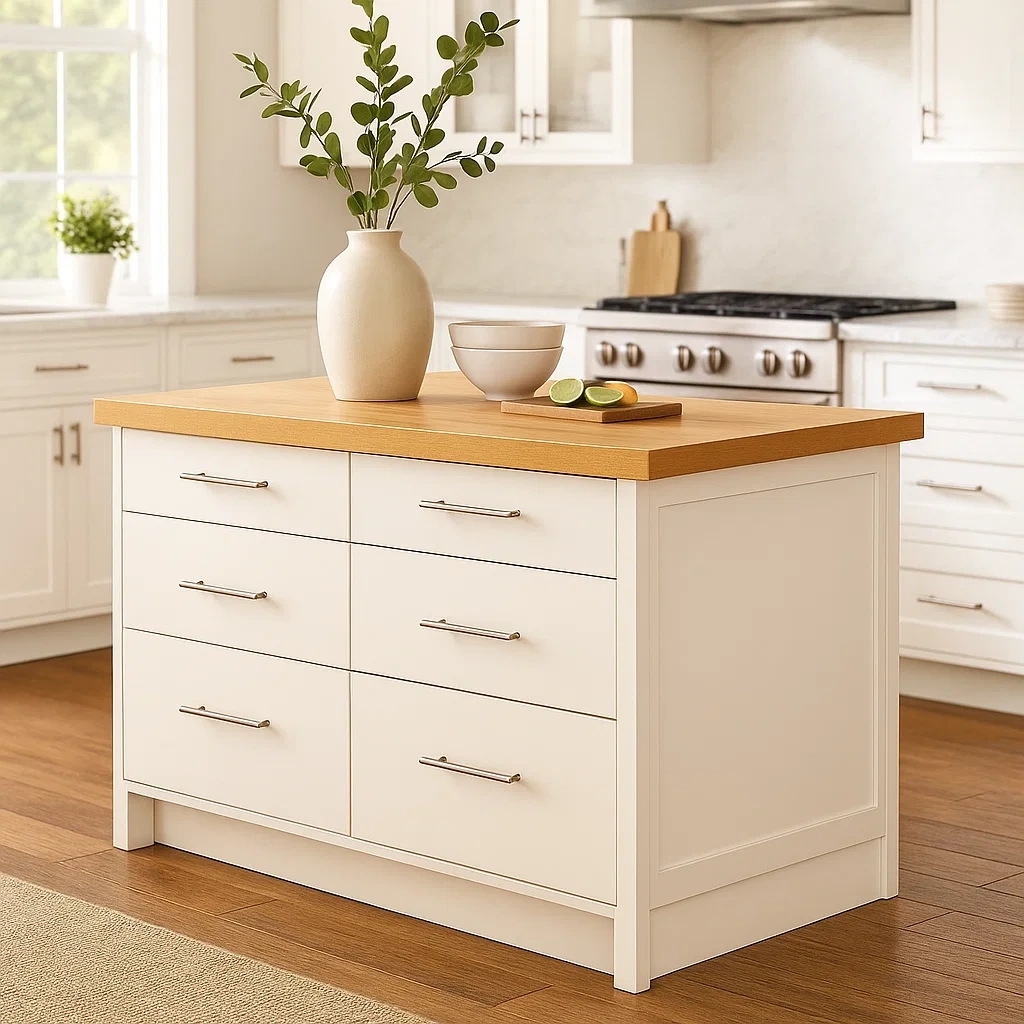 Rechteckige Kücheninsel mit Schubladen aus MDF-Holz, elfenbeinweiß, mit Arbeitsplatte in Eichenoptik, freistehend, 120 x 60 x 90 cm, für den privaten Gebrauch - mYlhrmGyyDp7
