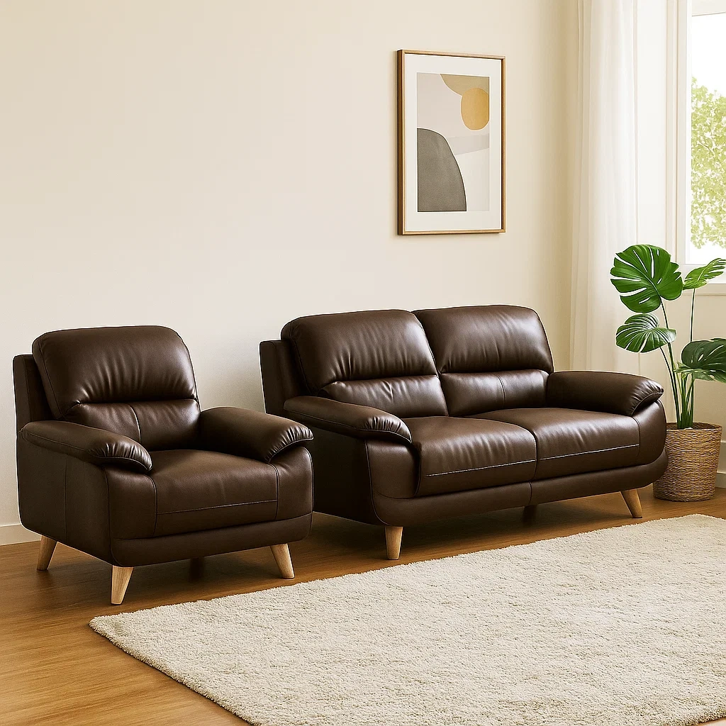 3-Sitzer-Sofa- und Sesselgarnitur, Holzgestell, Schaumstoffkissen, braunes Leder, für das Wohnzimmer, Sofa 210 x 90 x 85 cm, Sessel 90 x 90 x 85 cm - SGIcoKGndRcg