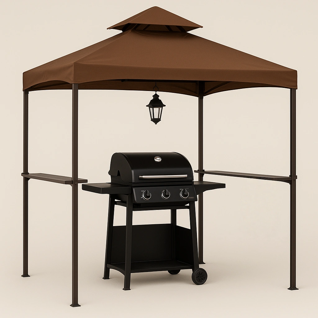 Gartenhaus mit Grill und Markise, braun/Metall, für den Außenbereich, 220 cm x 120 cm x 270 cm