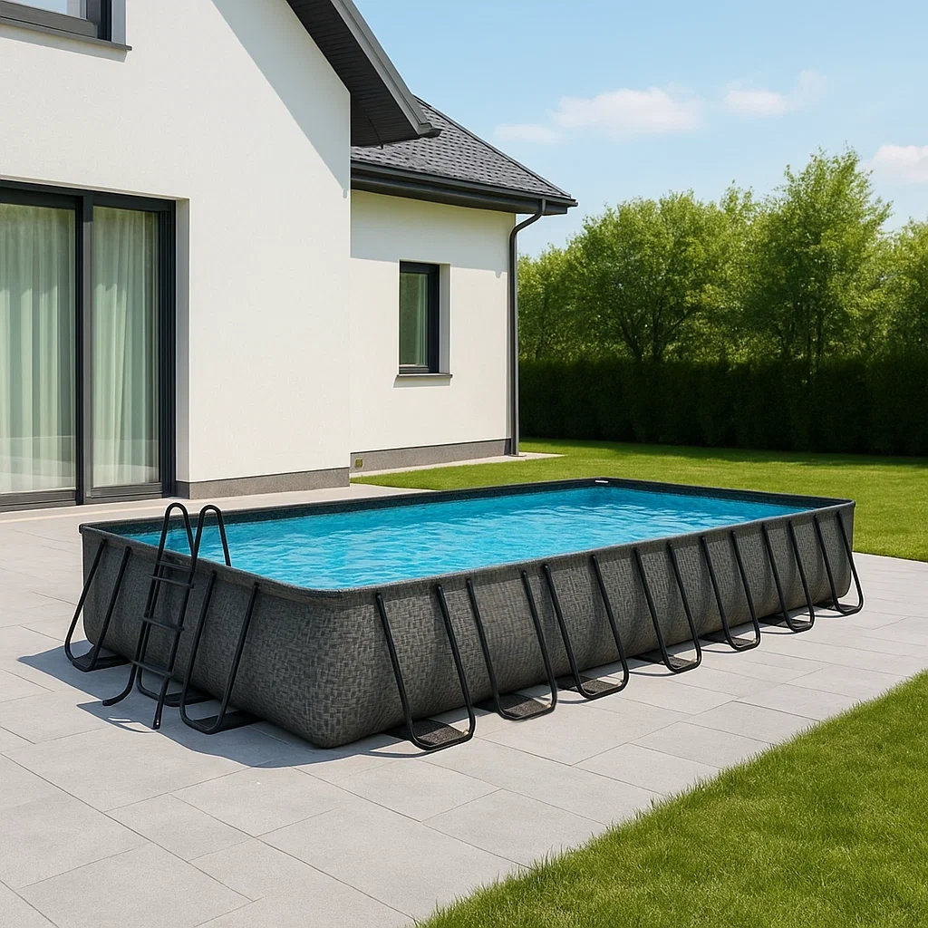 Freibad, dunkelgrau, Stahl und PVC, für den Garten, 588 x 376 x 132 cm