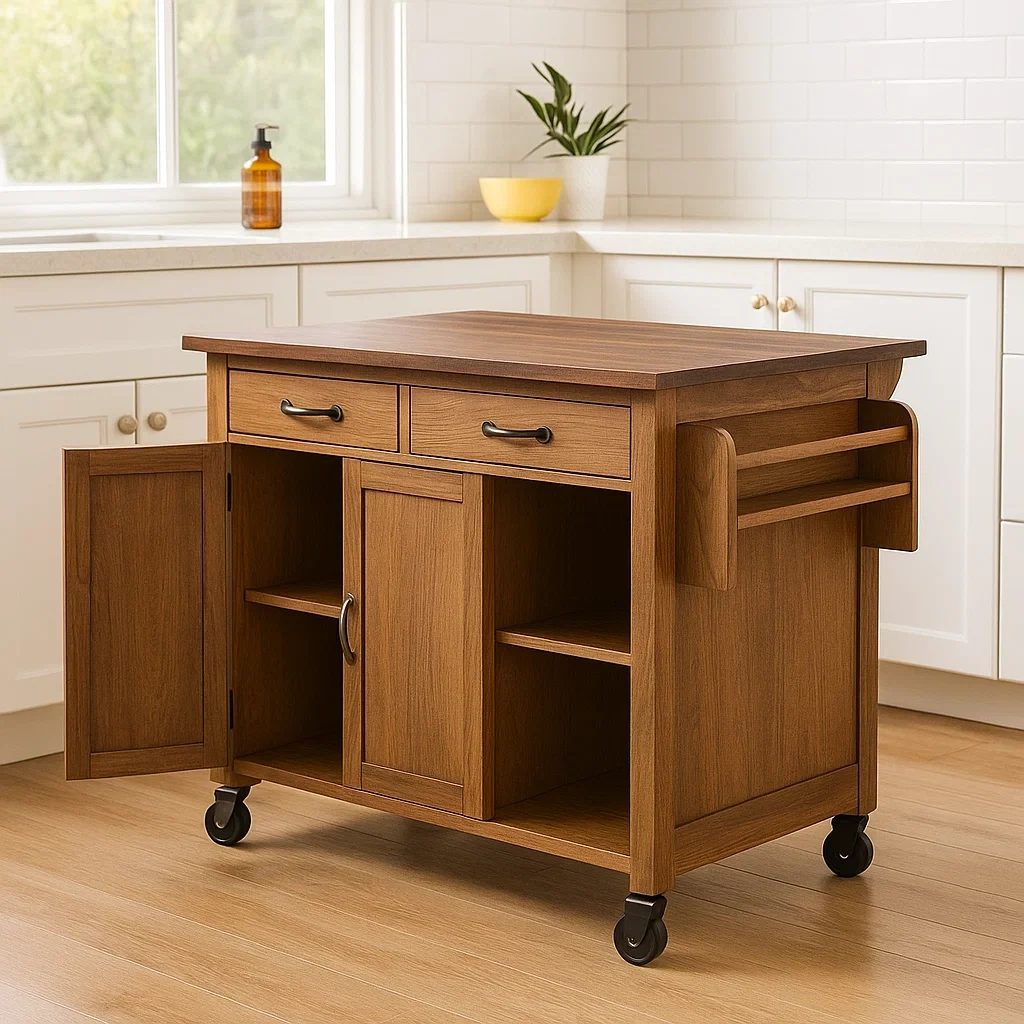 Kücheninsel, Küchenschrank mit Rollen, 2 Schubladen, 2 offenen Regalen und 2 Fächern mit Türen, Maße 80 x 40 x 85 cm, für die heimische Küche - FKOCzhsi5yGH