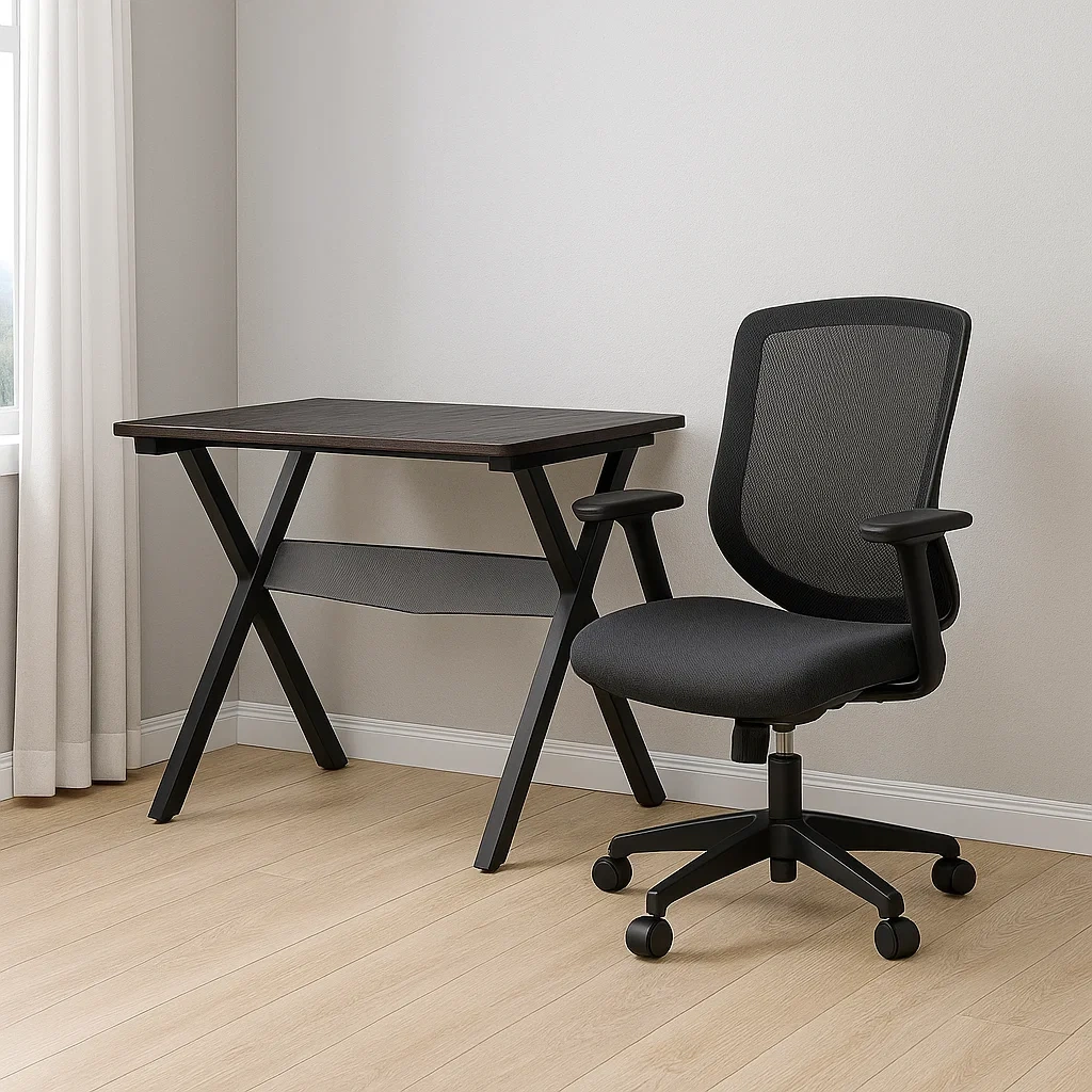 Computertisch und Stuhl, Holz und Metall, schwarz und braun, mit Ablage, 120 x 60 x 75 cm, Büro - 1Ndrs3ht2EdM