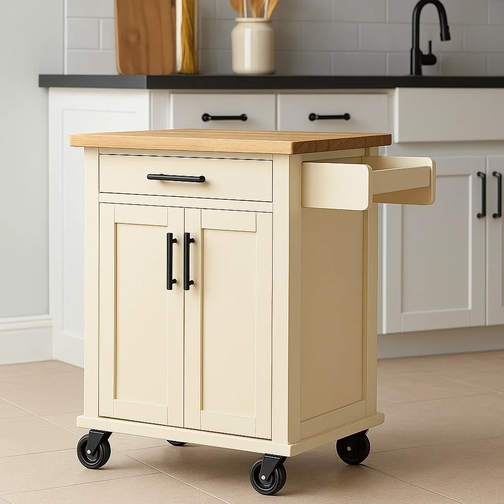 Kompakte, rechteckige Kücheninsel aus MDF, cremefarben, mit Holzarbeitsplatte, Schublade, Türen, Rollen und Handtuchhalter, Maße: 67 cm lang, 45 cm breit, 88 cm hoch, für die heimische Küche – yxs0dM3mYkkk