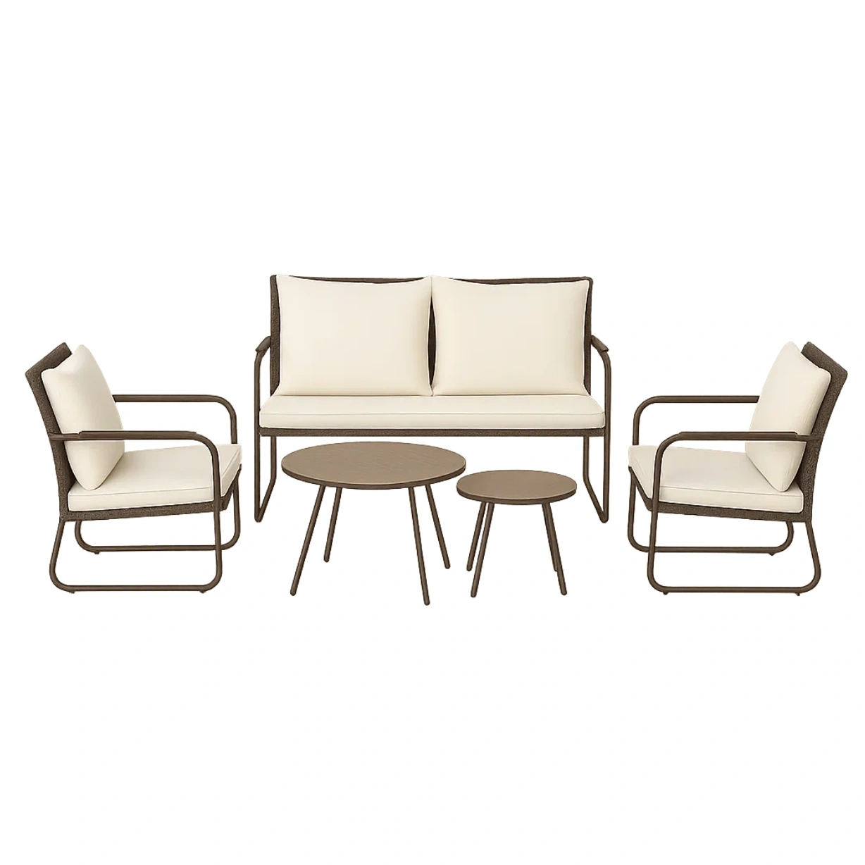 5-teiliges Gartenmöbelset mit Metallgestell und Rattansitzen, braun, mit cremefarbenen Kissen; bestehend aus einem runden Tisch (60 x 45 cm Durchmesser), zwei Stühlen (60 x 60 x 80 cm), einem Sofa (120 x 60 x 80 cm) und einem Beistelltisch (30 x 40 c