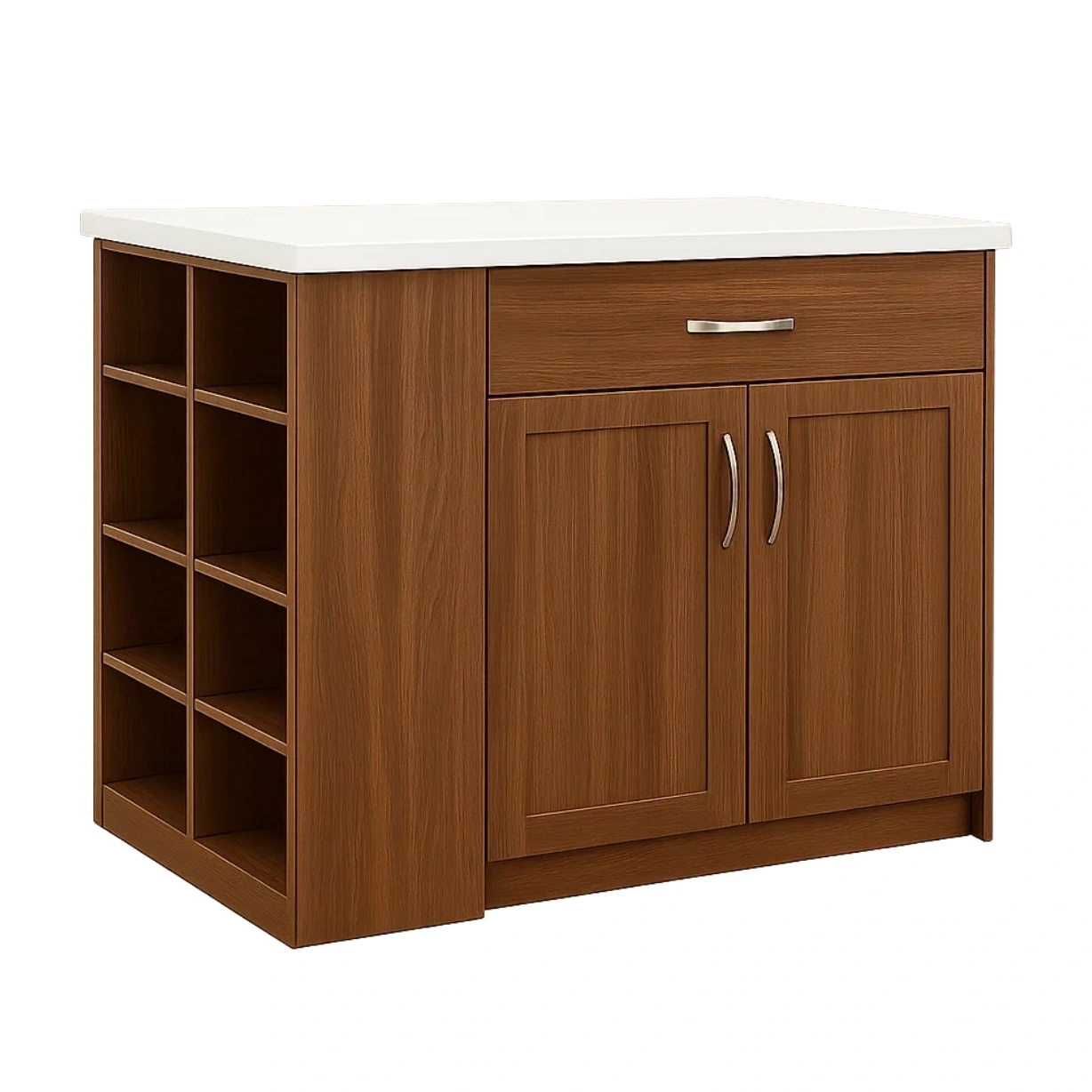 Rechteckige Kücheninsel mit Flaschenregal, Schublade und MDF-Holzschrank, walnussfarben, mit weißer Arbeitsplatte, freistehend, 100 x 60 x 90 cm, für den Hausgebrauch - WzdFJKPUykK4