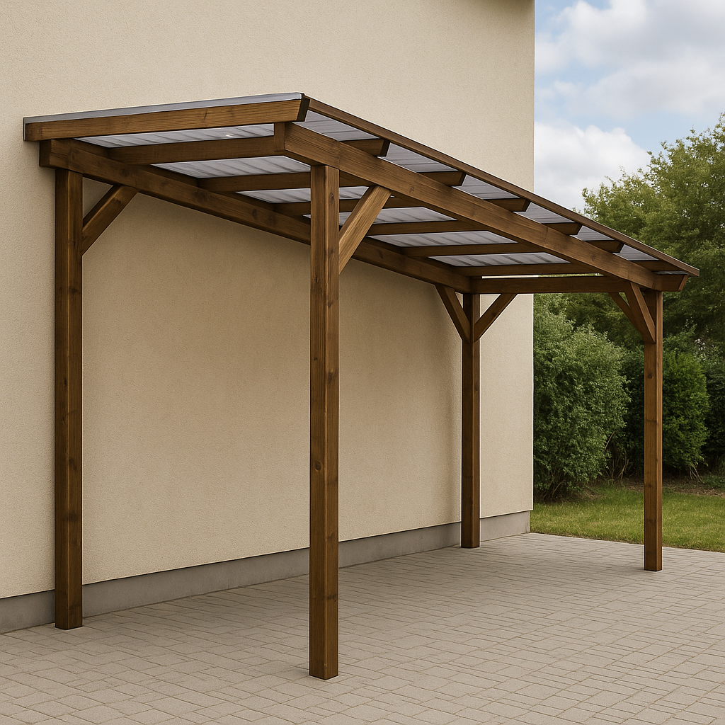 Angrenzende Garage, braun/transparente Holzkonstruktion, Außenverkleidung Kiefer/Polycarbonat, 510 x 180 x 322 cm