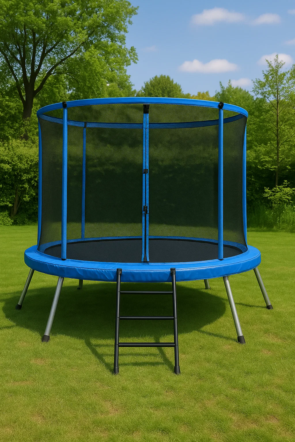 Rundes Kindertrampolin, blau-schwarz, PVC, Stahl, für den Außenbereich, 305 × 305 × 250 cm, DkWhghW115lT