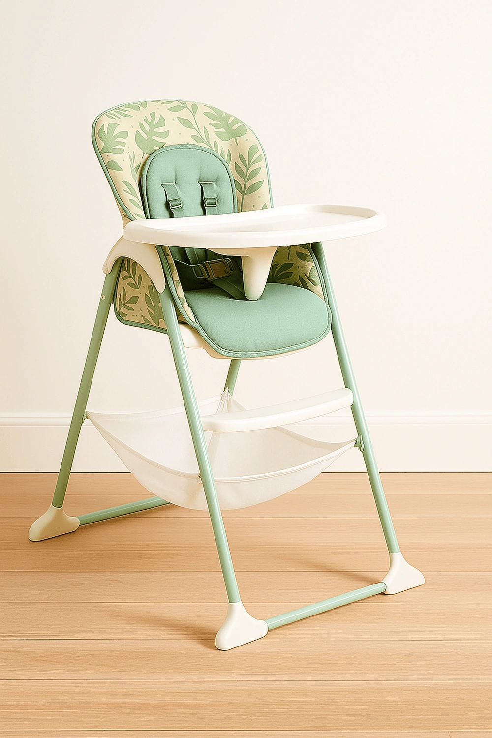 Zusammenklappbarer Hochstuhl mit abnehmbarem Tablett, bis 15 kg, 5-Punkt-Sicherheitsgurt, grün, für 6 bis 36 Monate
