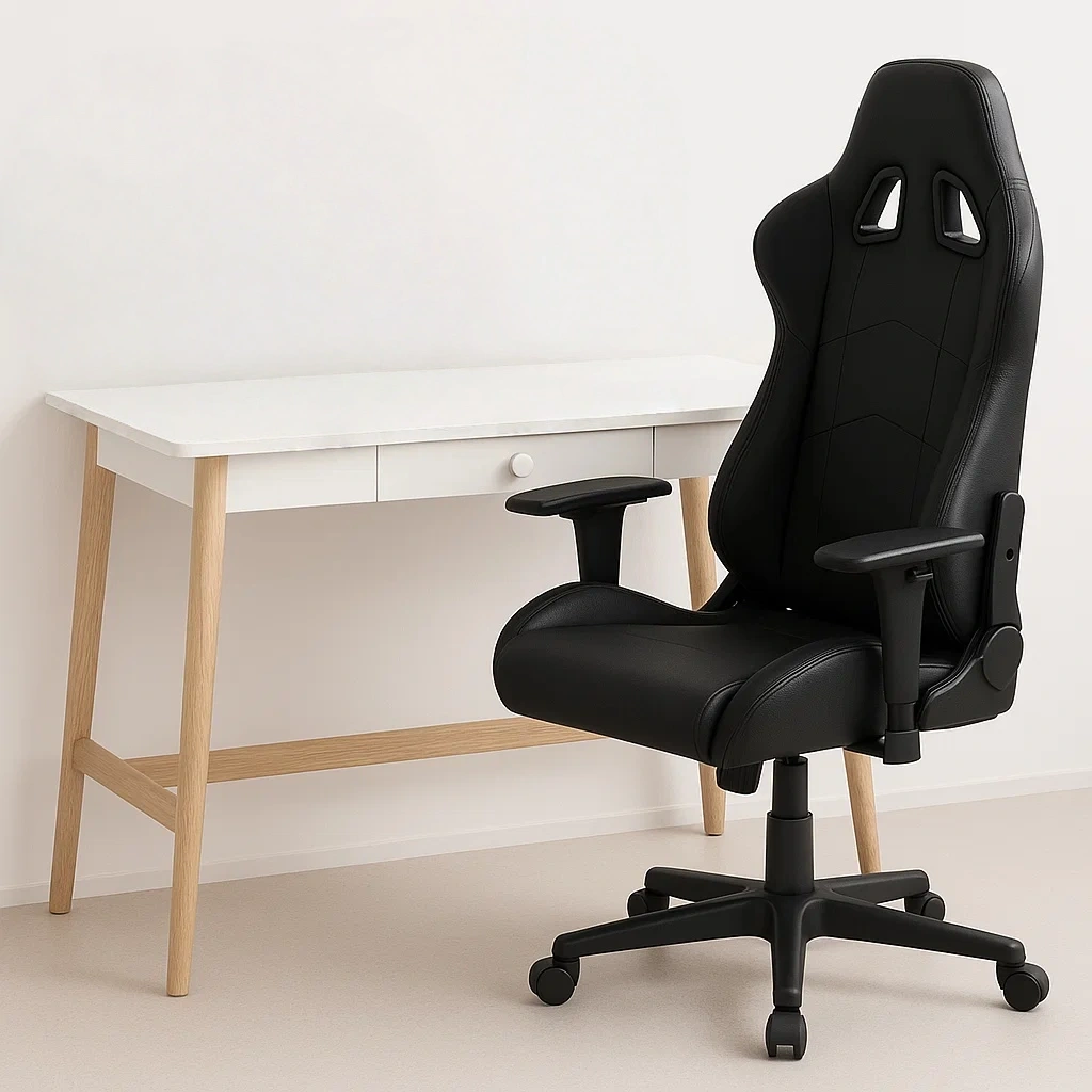 Computertisch und -stuhl, Holz und Metall, schwarz-weiß, ergonomisch, mit Rollen, 120 x 60 x 75 cm, Büro - lDAYCgHUhUdx